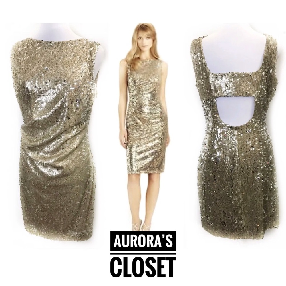 David Meister 10 Gold Sequin Bodycon Dress Ruched Side Back Cut Out $595